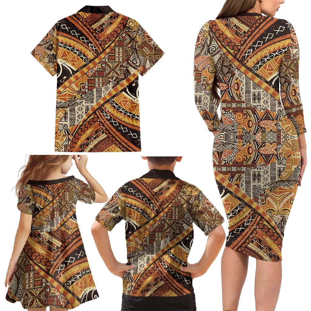 Hawaiian Style Tapa Family Matching Long Sleeve Bodycon Dress and Hawaiian Shirt Vintage Seamless Pattern - Polynesian Pride