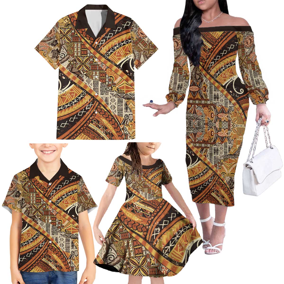 Hawaiian Style Tapa Family Matching Off The Shoulder Long Sleeve Dress and Hawaiian Shirt Vintage Seamless Pattern - Polynesian Pride