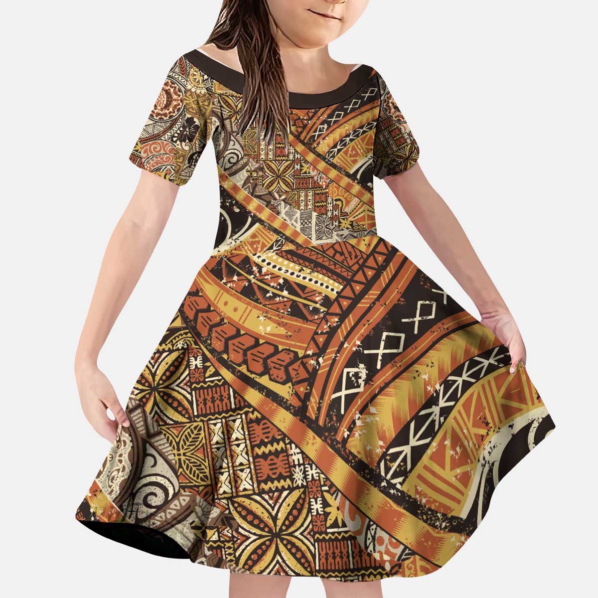 Hawaiian Style Tapa Kid Short Sleeve Dress Vintage Seamless Pattern LT9 KID Red - Polynesian Pride