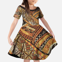 Hawaiian Style Tapa Kid Short Sleeve Dress Vintage Seamless Pattern LT9 KID Red - Polynesian Pride