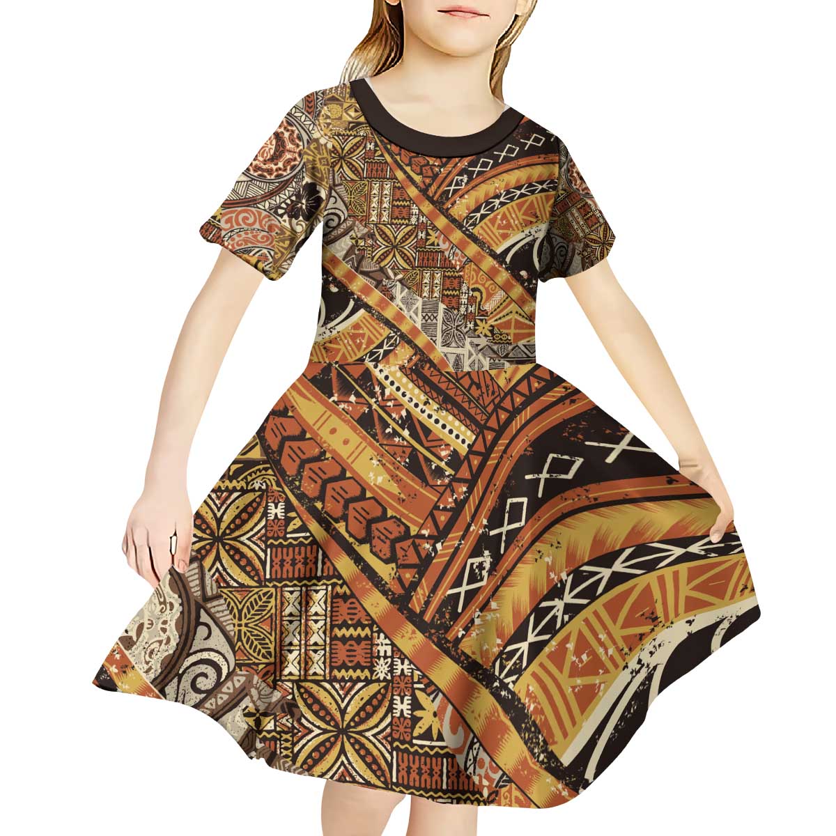 Hawaiian Style Tapa Kid Short Sleeve Dress Vintage Seamless Pattern LT9 - Polynesian Pride