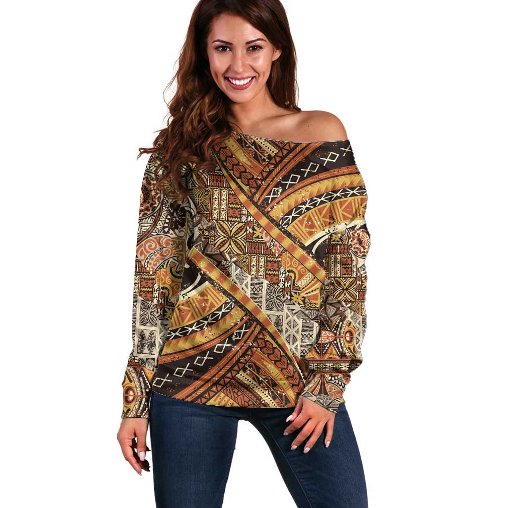 Hawaiian Style Tapa Off Shoulder Sweater Vintage Seamless Pattern - Polynesian Pride