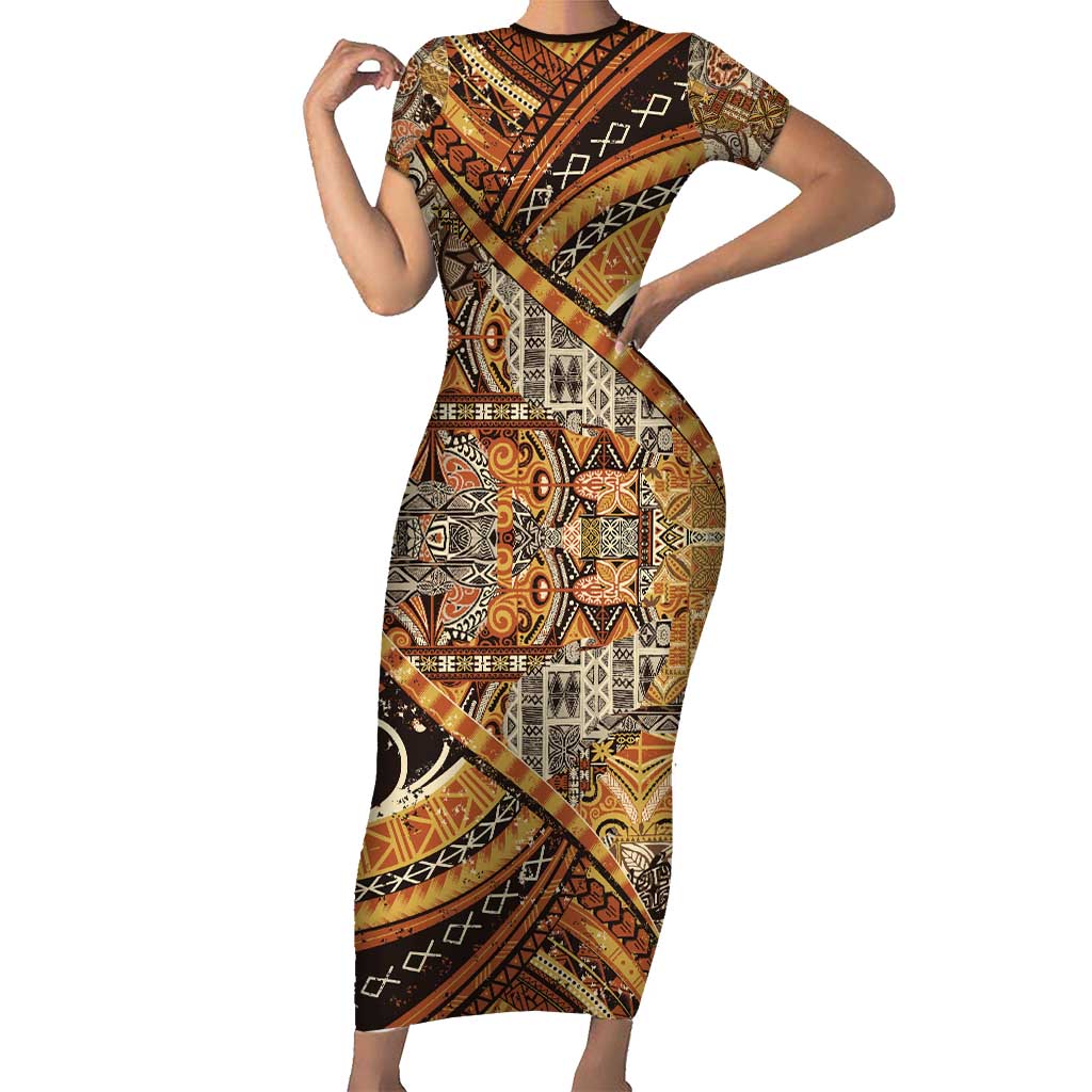 Hawaiian Style Tapa Short Sleeve Bodycon Dress Vintage Seamless Pattern - Polynesian Pride