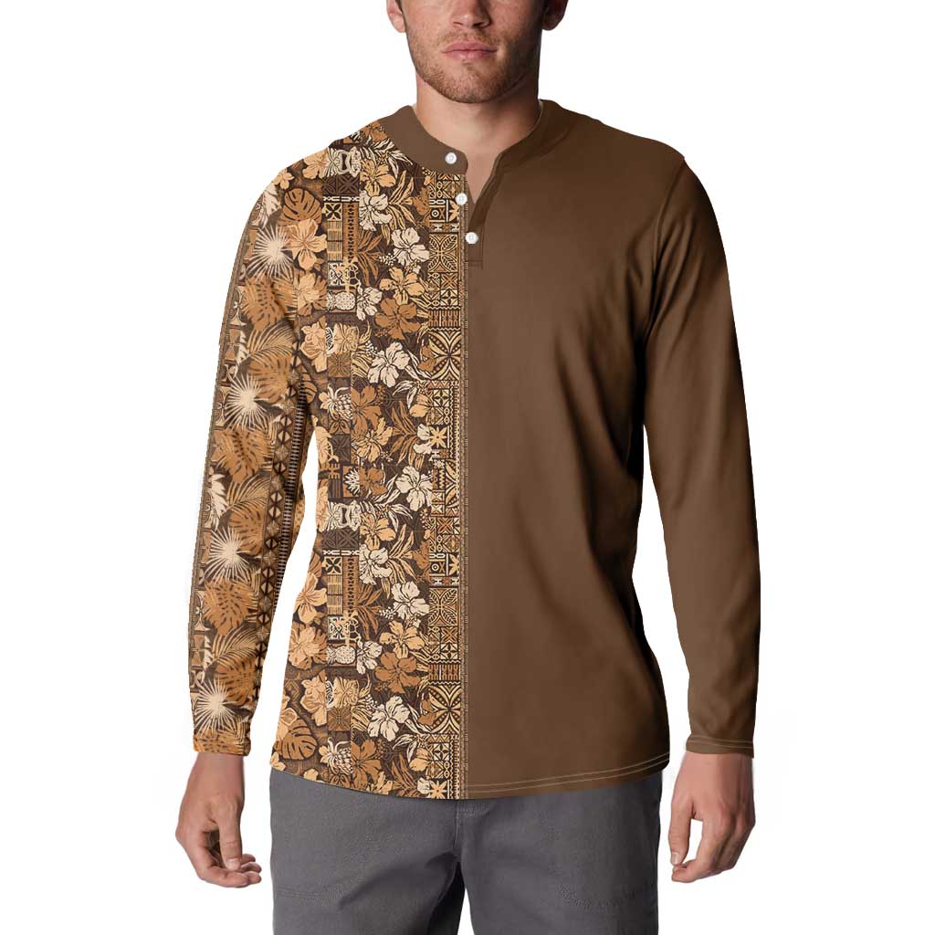 Hawaiian Tribal Elements Hibiscus Button Sweatshirt Gold Pattern - Polynesian Pride