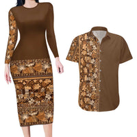 Hawaiian Tribal Elements Hibiscus Couples Matching Long Sleeve Bodycon Dress and Hawaiian Shirt Gold Pattern - Polynesian Pride