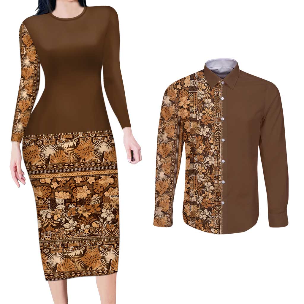 Hawaiian Tribal Elements Hibiscus Couples Matching Long Sleeve Bodycon Dress and Long Sleeve Button Shirt Gold Pattern - Polynesian Pride