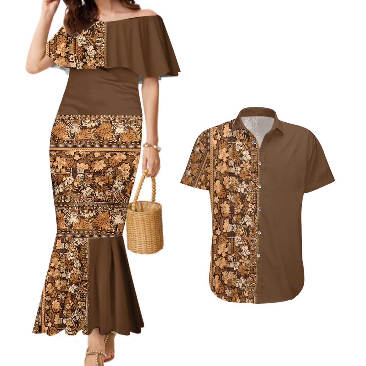 Hawaiian Tribal Elements Hibiscus Couples Matching Mermaid Dress and Hawaiian Shirt Gold Pattern - Polynesian Pride