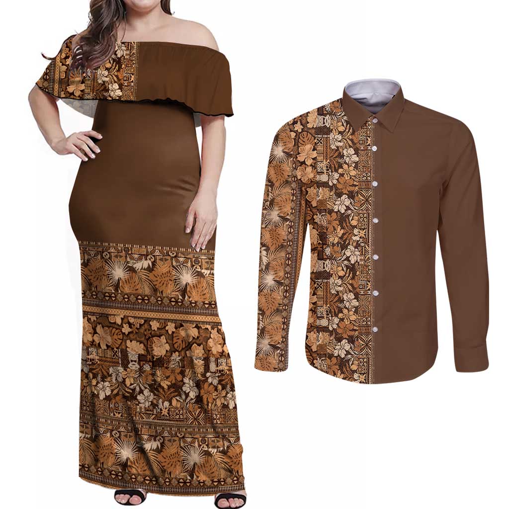 Hawaiian Tribal Elements Hibiscus Couples Matching Off Shoulder Maxi Dress and Long Sleeve Button Shirt Gold Pattern - Polynesian Pride