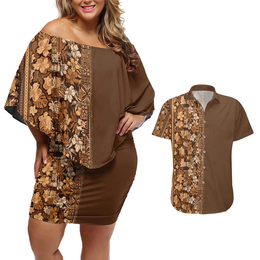 Hawaiian Tribal Elements Hibiscus Couples Matching Off Shoulder Short Dress and Hawaiian Shirt Gold Pattern - Polynesian Pride