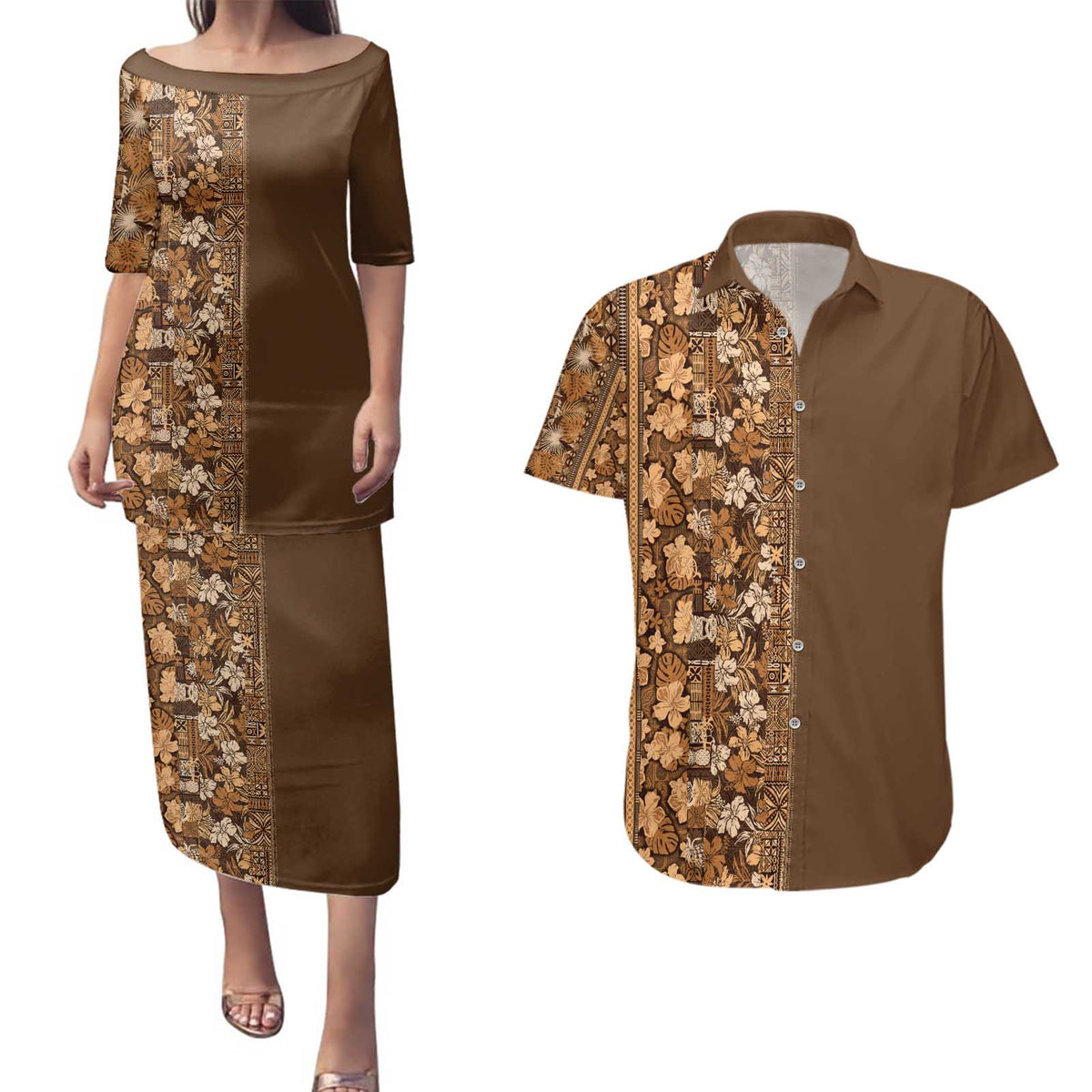 Hawaiian Tribal Elements Hibiscus Couples Matching Puletasi and Hawaiian Shirt Gold Pattern - Polynesian Pride