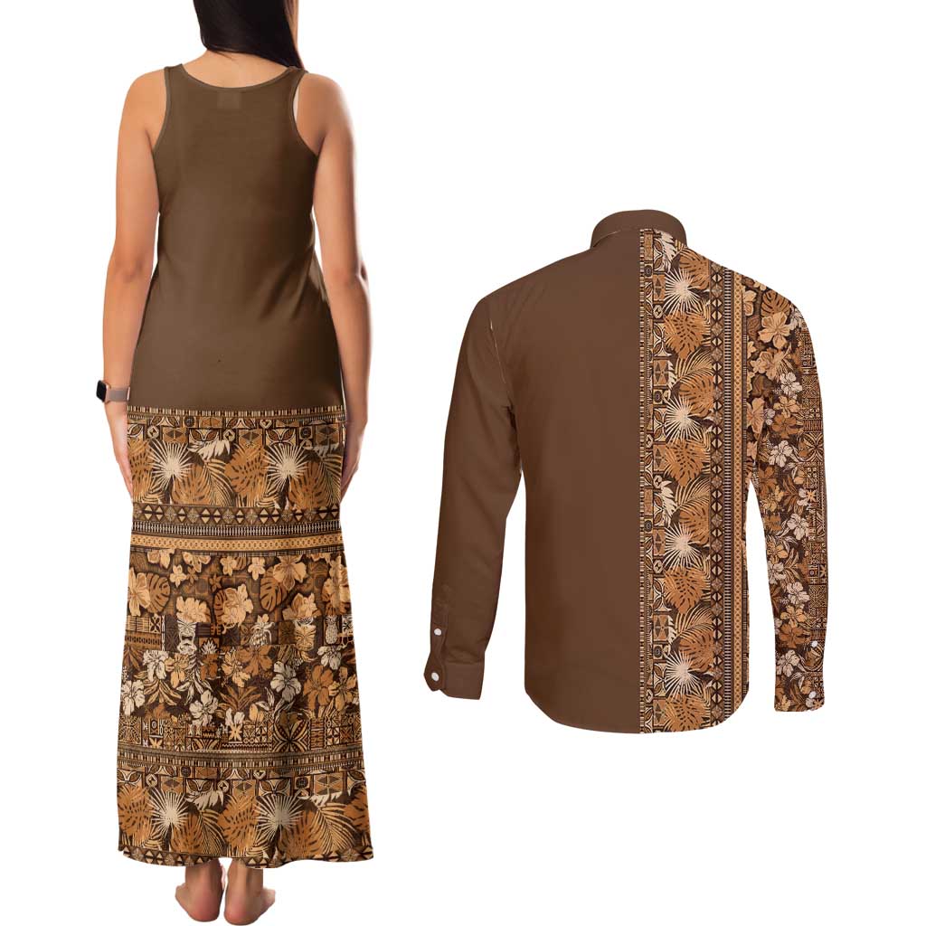 Hawaiian Tribal Elements Hibiscus Couples Matching Tank Maxi Dress and Long Sleeve Button Shirt Gold Pattern - Polynesian Pride