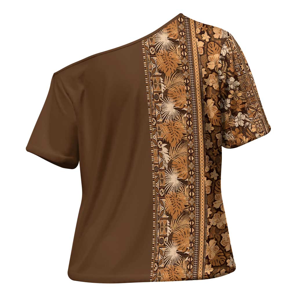 Hawaiian Tribal Elements Hibiscus Cross Shoulder Shirt Gold Pattern - Polynesian Pride