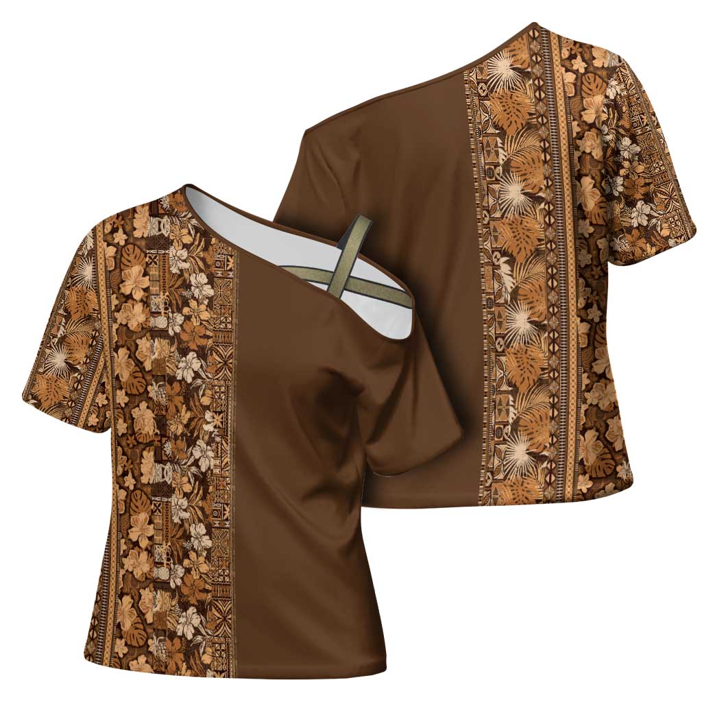 Hawaiian Tribal Elements Hibiscus Cross Shoulder Shirt Gold Pattern - Polynesian Pride