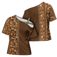 Hawaiian Tribal Elements Hibiscus Cross Shoulder Shirt Gold Pattern - Polynesian Pride