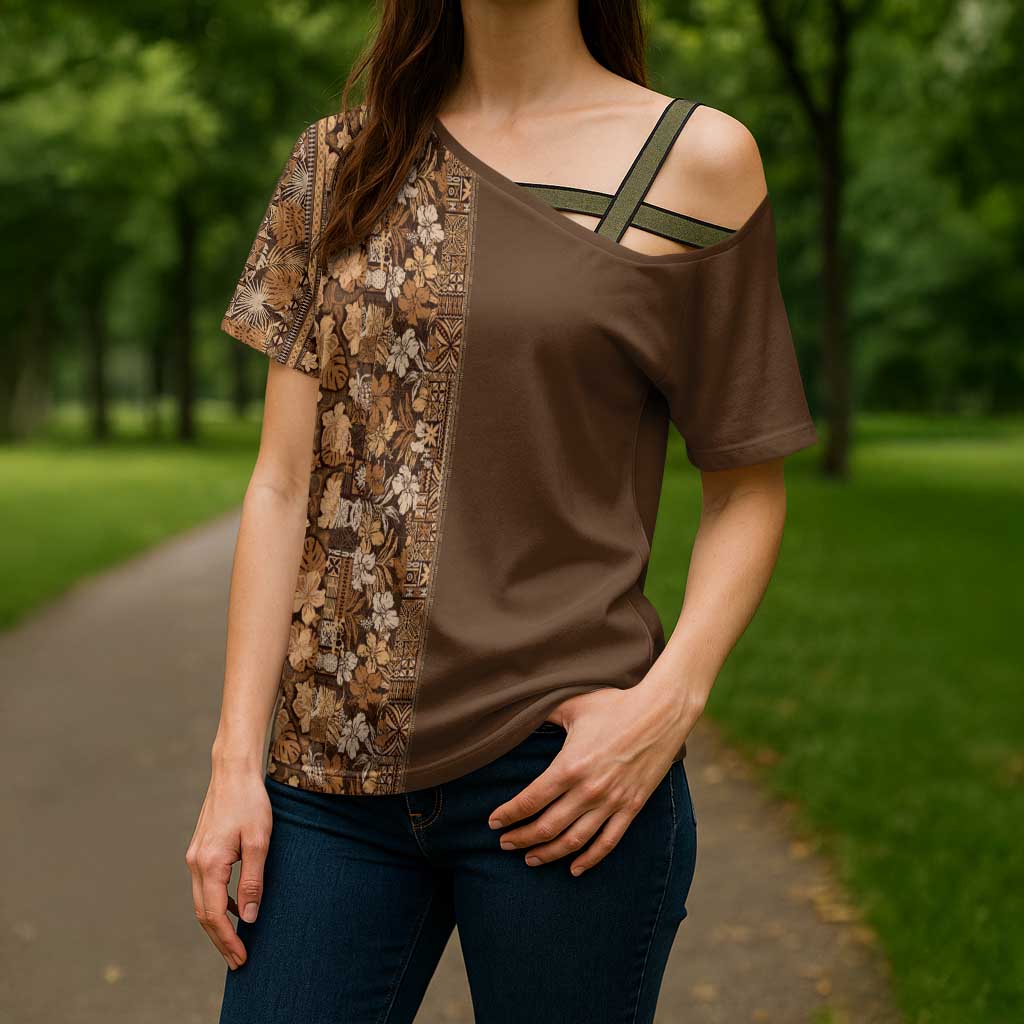 Hawaiian Tribal Elements Hibiscus Cross Shoulder Shirt Gold Pattern - Polynesian Pride