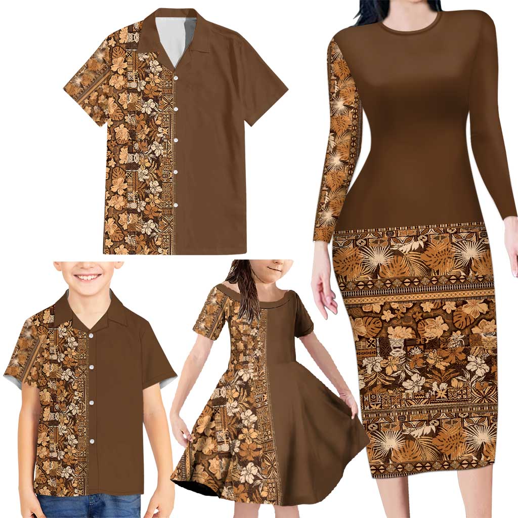 Hawaiian Tribal Elements Hibiscus Family Matching Long Sleeve Bodycon Dress and Hawaiian Shirt Gold Pattern - Polynesian Pride