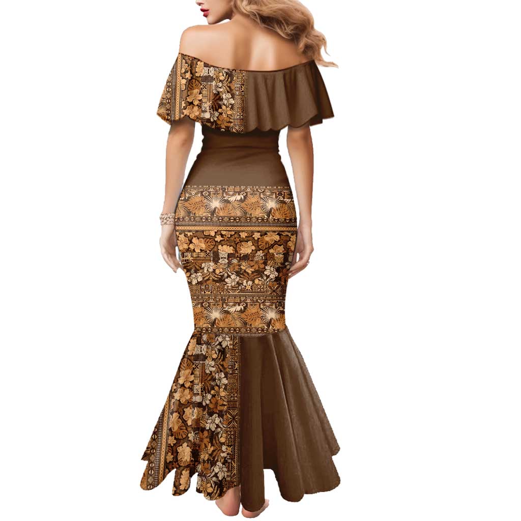 Hawaiian Tribal Elements Hibiscus Family Matching Mermaid Dress and Hawaiian Shirt Gold Pattern - Polynesian Pride