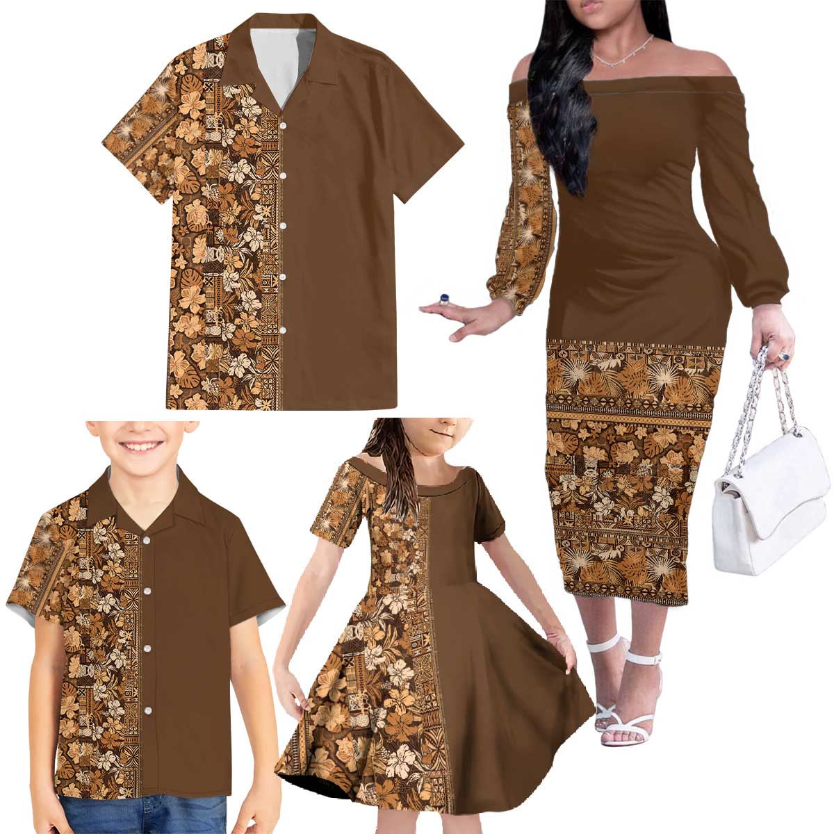 Hawaiian Tribal Elements Hibiscus Family Matching Off The Shoulder Long Sleeve Dress and Hawaiian Shirt Gold Pattern - Polynesian Pride