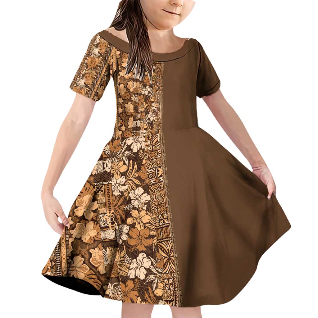 Hawaiian Tribal Elements Hibiscus Family Matching Off Shoulder Short Dress and Hawaiian Shirt Gold Pattern - Polynesian Pride