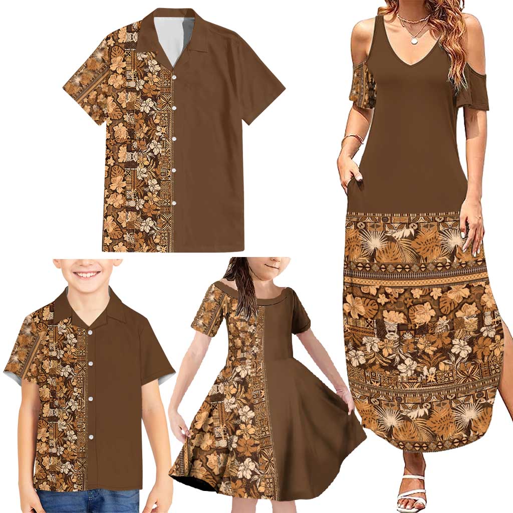 Hawaiian Tribal Elements Hibiscus Family Matching Summer Maxi Dress and Hawaiian Shirt Gold Pattern - Polynesian Pride