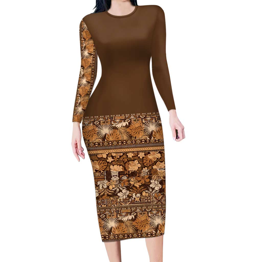 Hawaiian Tribal Elements Hibiscus Long Sleeve Bodycon Dress Gold Pattern - Polynesian Pride