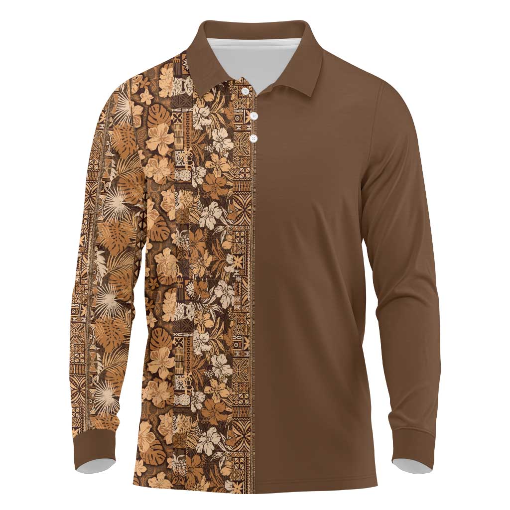 Hawaiian Tribal Elements Hibiscus Long Sleeve Polo Shirt Gold Pattern - Polynesian Pride