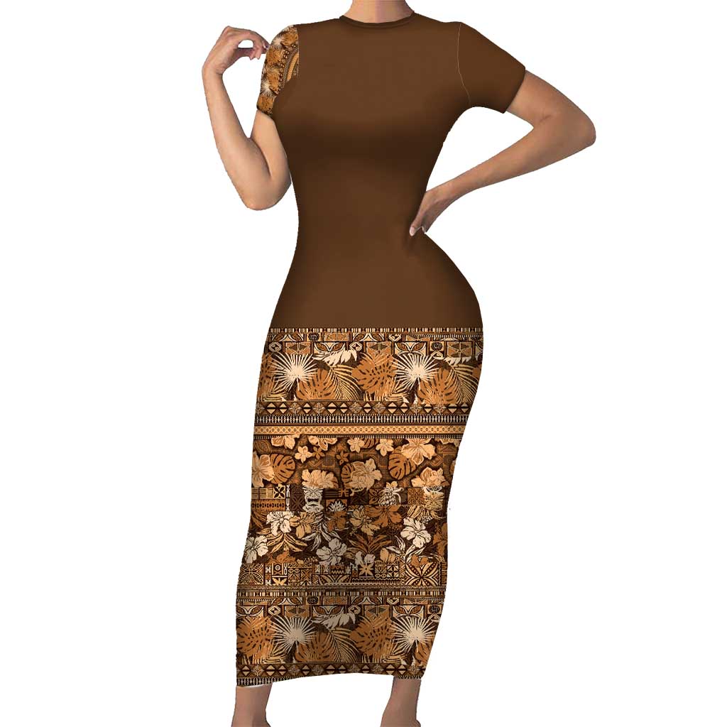 Hawaiian Tribal Elements Hibiscus Short Sleeve Bodycon Dress Gold Pattern - Polynesian Pride