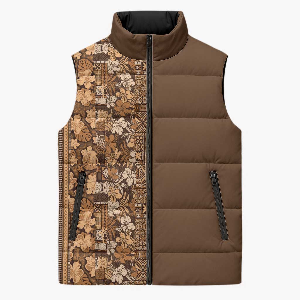 Hawaiian Tribal Elements Hibiscus Sleeveless Puffer Jacket Gold Pattern - Polynesian Pride