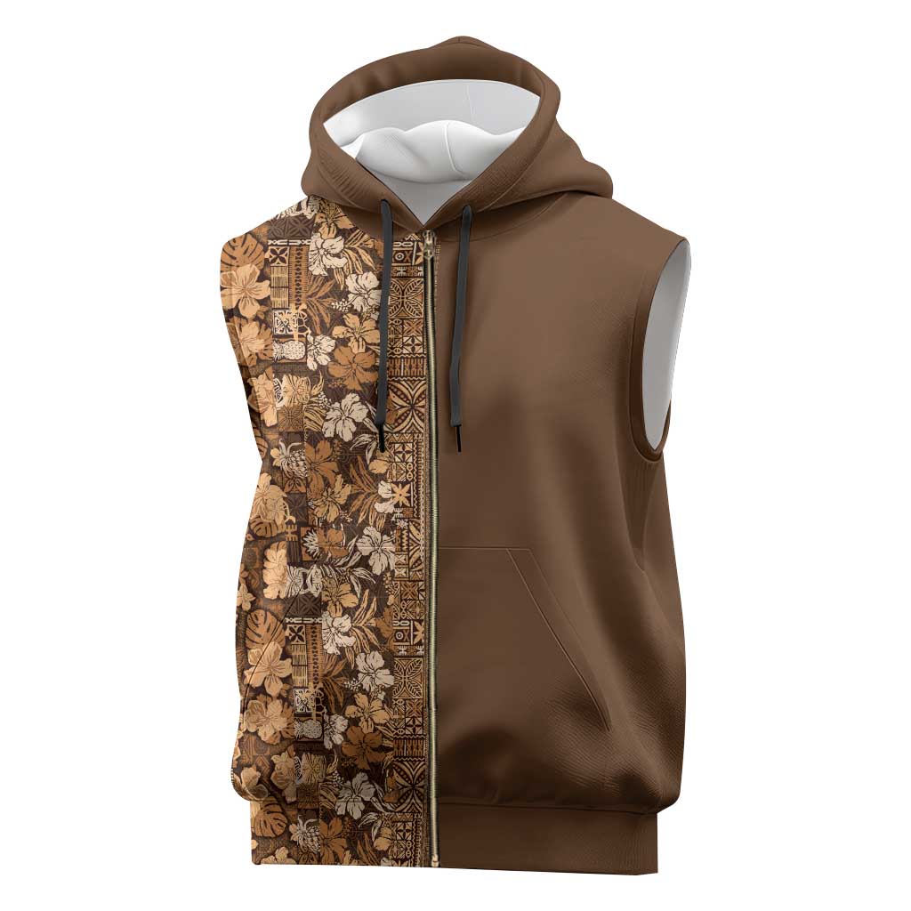 Hawaiian Tribal Elements Hibiscus Sleeveless Zip Hoodie Gold Pattern - Polynesian Pride