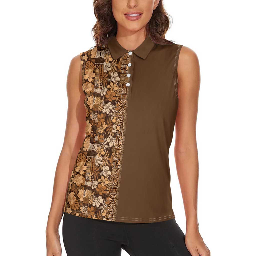Hawaiian Tribal Elements Hibiscus Women Sleeveless Polo Shirt Gold Pattern - Polynesian Pride