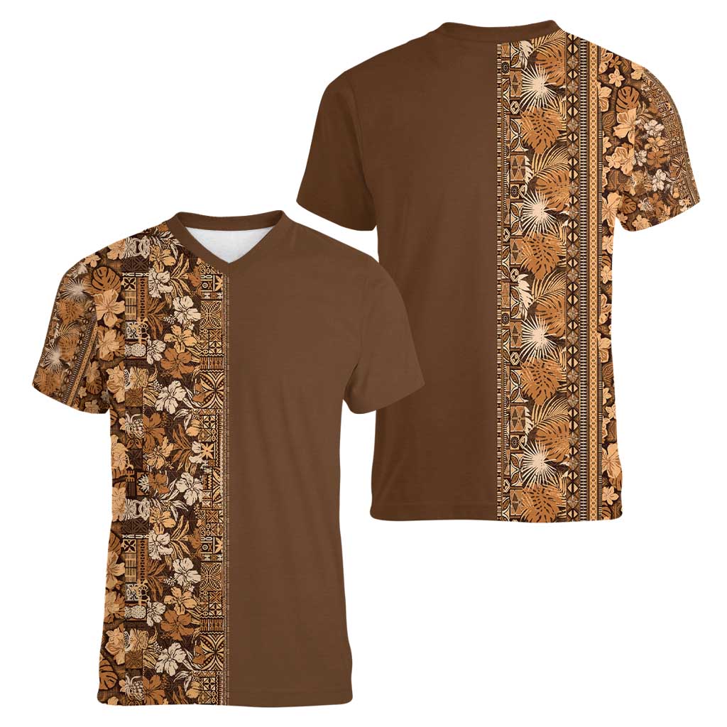 Hawaiian Tribal Elements Hibiscus Women V-Neck T-Shirt Gold Pattern - Polynesian Pride