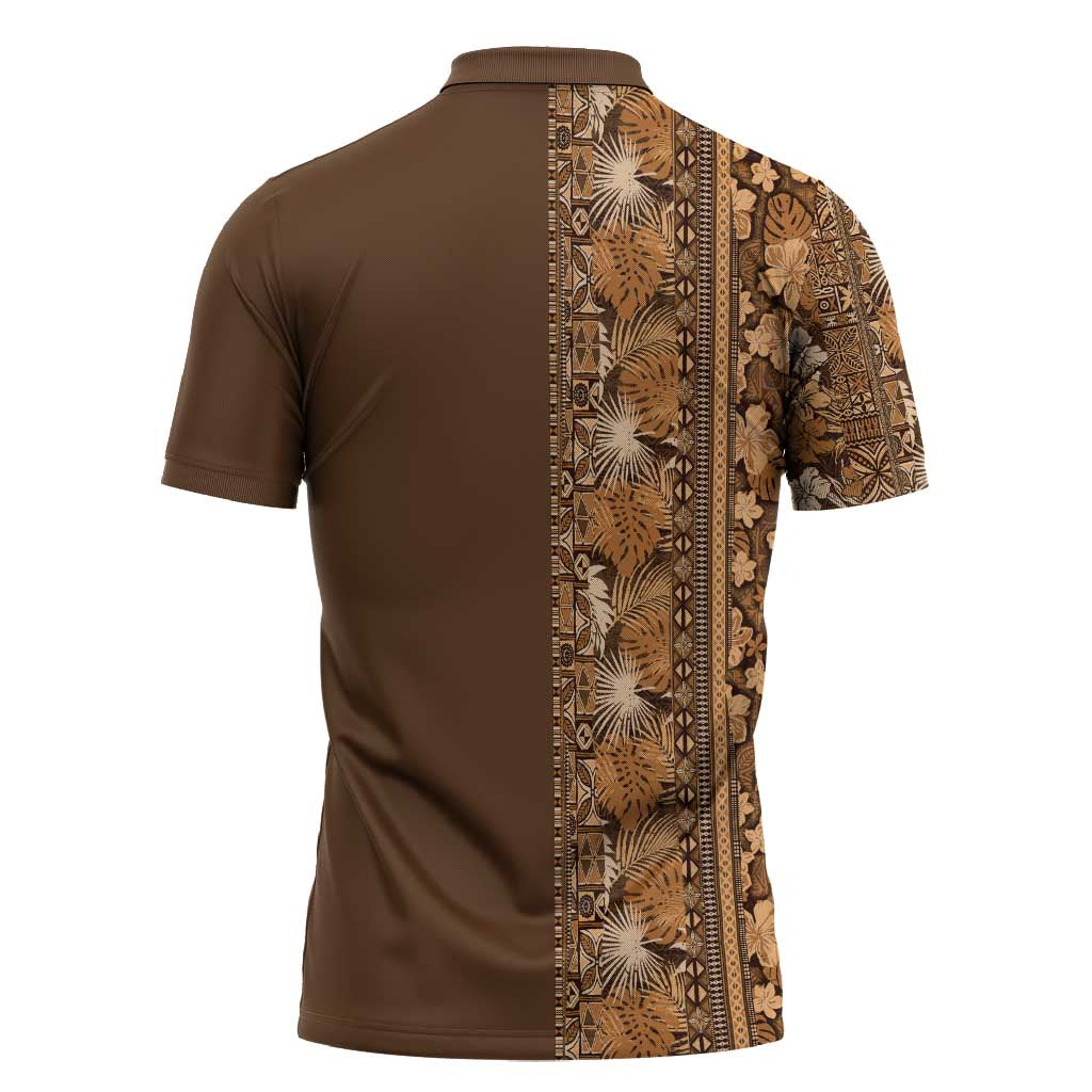 Hawaiian Tribal Elements Hibiscus Zipper Polo Shirt Gold Pattern - Polynesian Pride