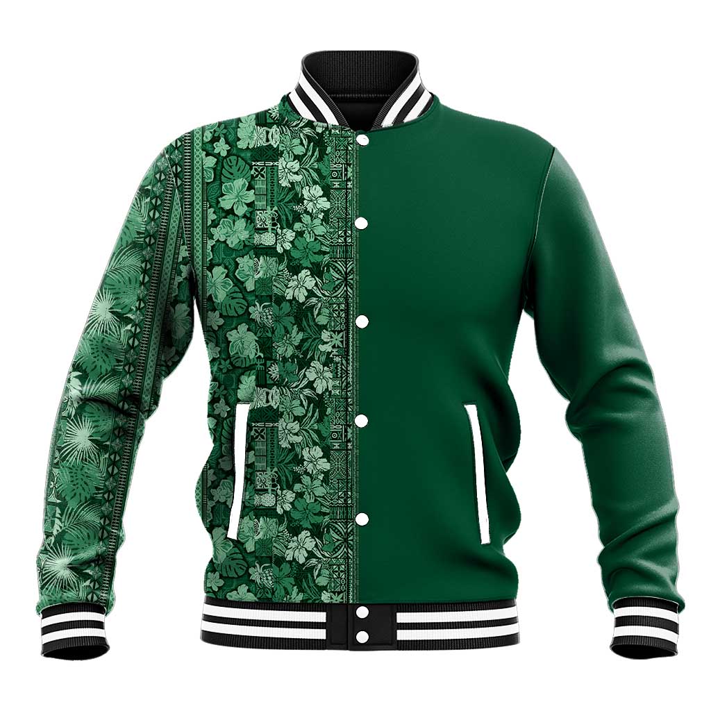 Hawaiian Tribal Elements Hibiscus Baseball Jacket Green Pattern - Polynesian Pride