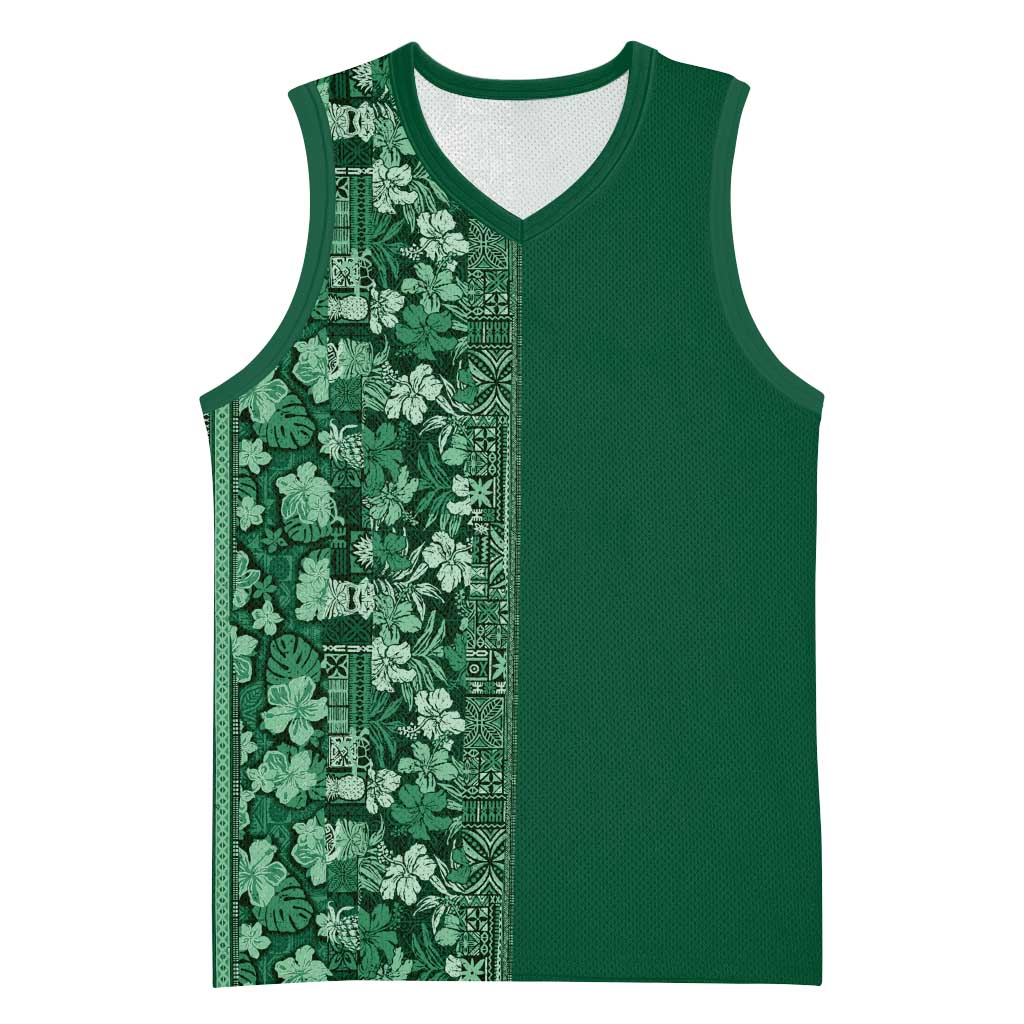 Hawaiian Tribal Elements Hibiscus Basketball Jersey Green Pattern - Polynesian Pride
