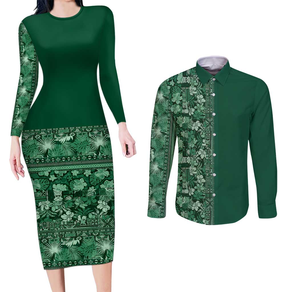 Hawaiian Tribal Elements Hibiscus Couples Matching Long Sleeve Bodycon Dress and Long Sleeve Button Shirt Green Pattern - Polynesian Pride