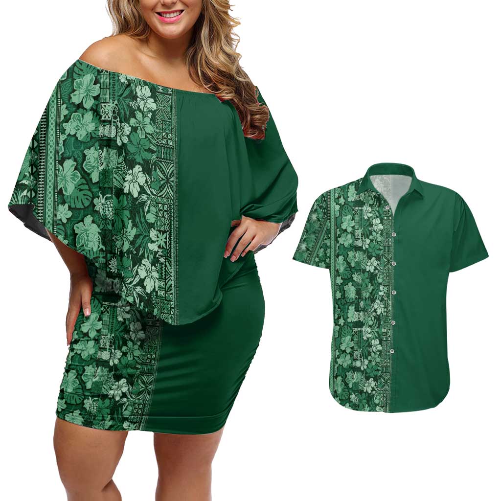 Hawaiian Tribal Elements Hibiscus Couples Matching Off Shoulder Short Dress and Hawaiian Shirt Green Pattern - Polynesian Pride