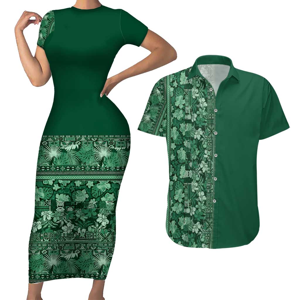 Hawaiian Tribal Elements Hibiscus Couples Matching Short Sleeve Bodycon Dress and Hawaiian Shirt Green Pattern - Polynesian Pride