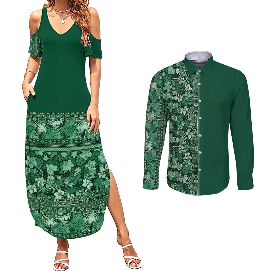 Hawaiian Tribal Elements Hibiscus Couples Matching Summer Maxi Dress and Long Sleeve Button Shirt Green Pattern - Polynesian Pride