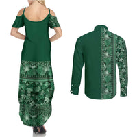 Hawaiian Tribal Elements Hibiscus Couples Matching Summer Maxi Dress and Long Sleeve Button Shirt Green Pattern - Polynesian Pride