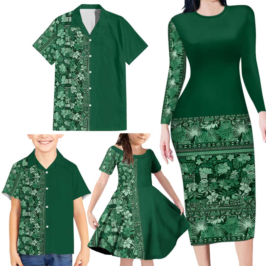 Hawaiian Tribal Elements Hibiscus Family Matching Long Sleeve Bodycon Dress and Hawaiian Shirt Green Pattern - Polynesian Pride