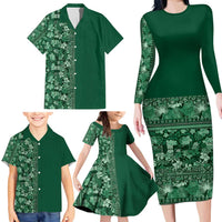 Hawaiian Tribal Elements Hibiscus Family Matching Long Sleeve Bodycon Dress and Hawaiian Shirt Green Pattern - Polynesian Pride