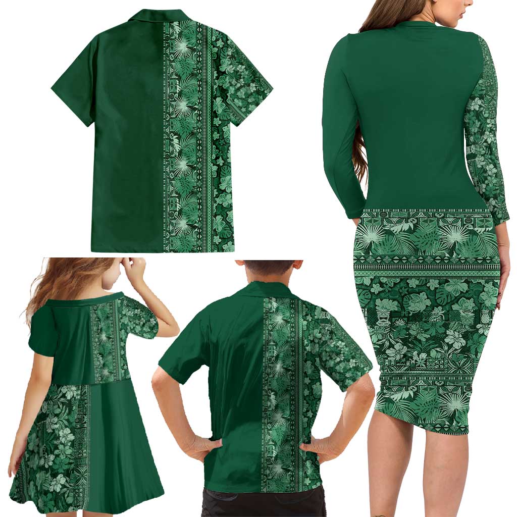Hawaiian Tribal Elements Hibiscus Family Matching Long Sleeve Bodycon Dress and Hawaiian Shirt Green Pattern - Polynesian Pride