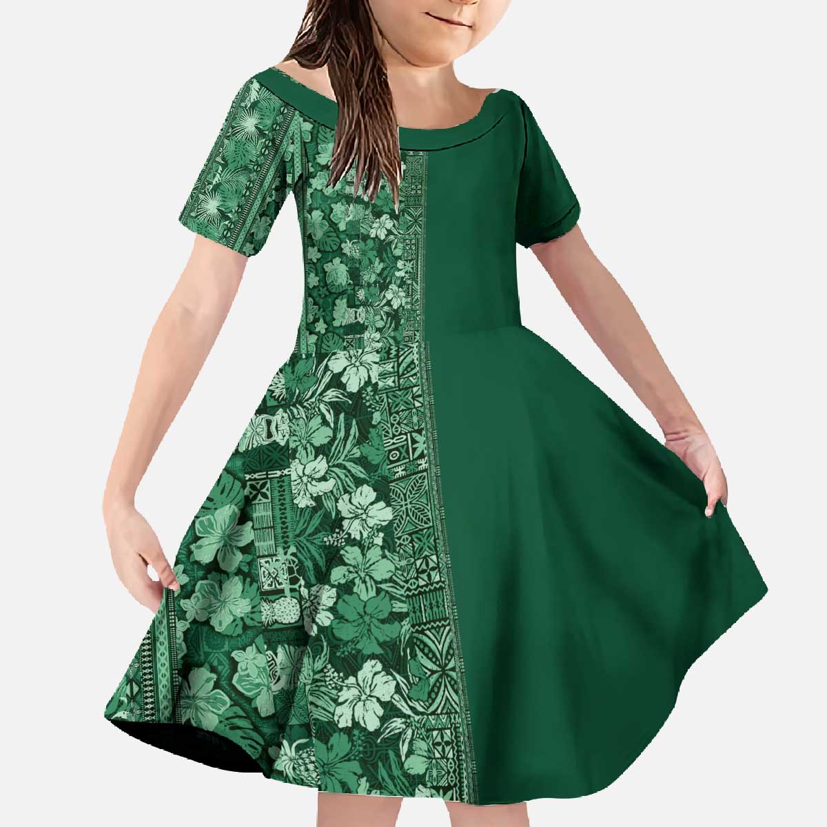 Hawaiian Tribal Elements Hibiscus Family Matching Off The Shoulder Long Sleeve Dress and Hawaiian Shirt Green Pattern - Polynesian Pride