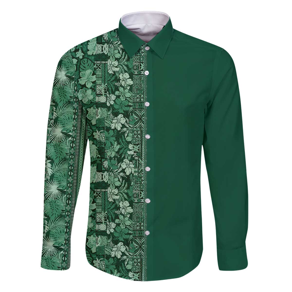 Hawaiian Tribal Elements Hibiscus Family Matching Off The Shoulder Long Sleeve Dress and Hawaiian Shirt Green Pattern - Polynesian Pride