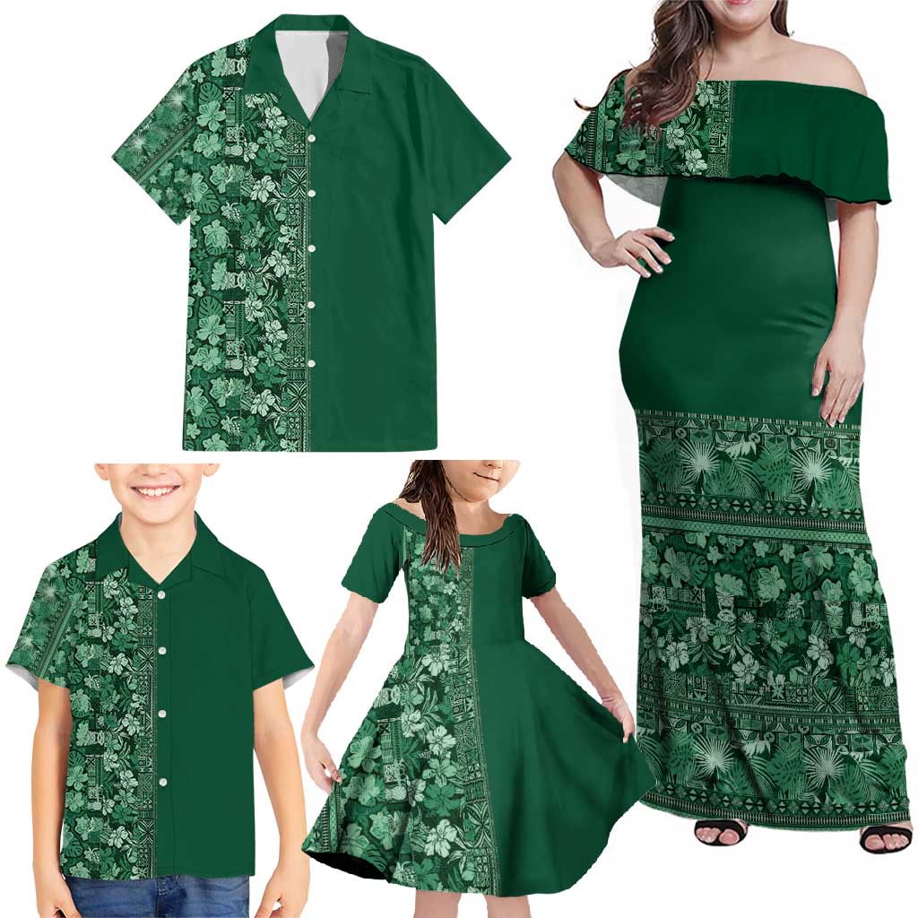 Hawaiian Tribal Elements Hibiscus Family Matching Off Shoulder Maxi Dress and Hawaiian Shirt Green Pattern - Polynesian Pride