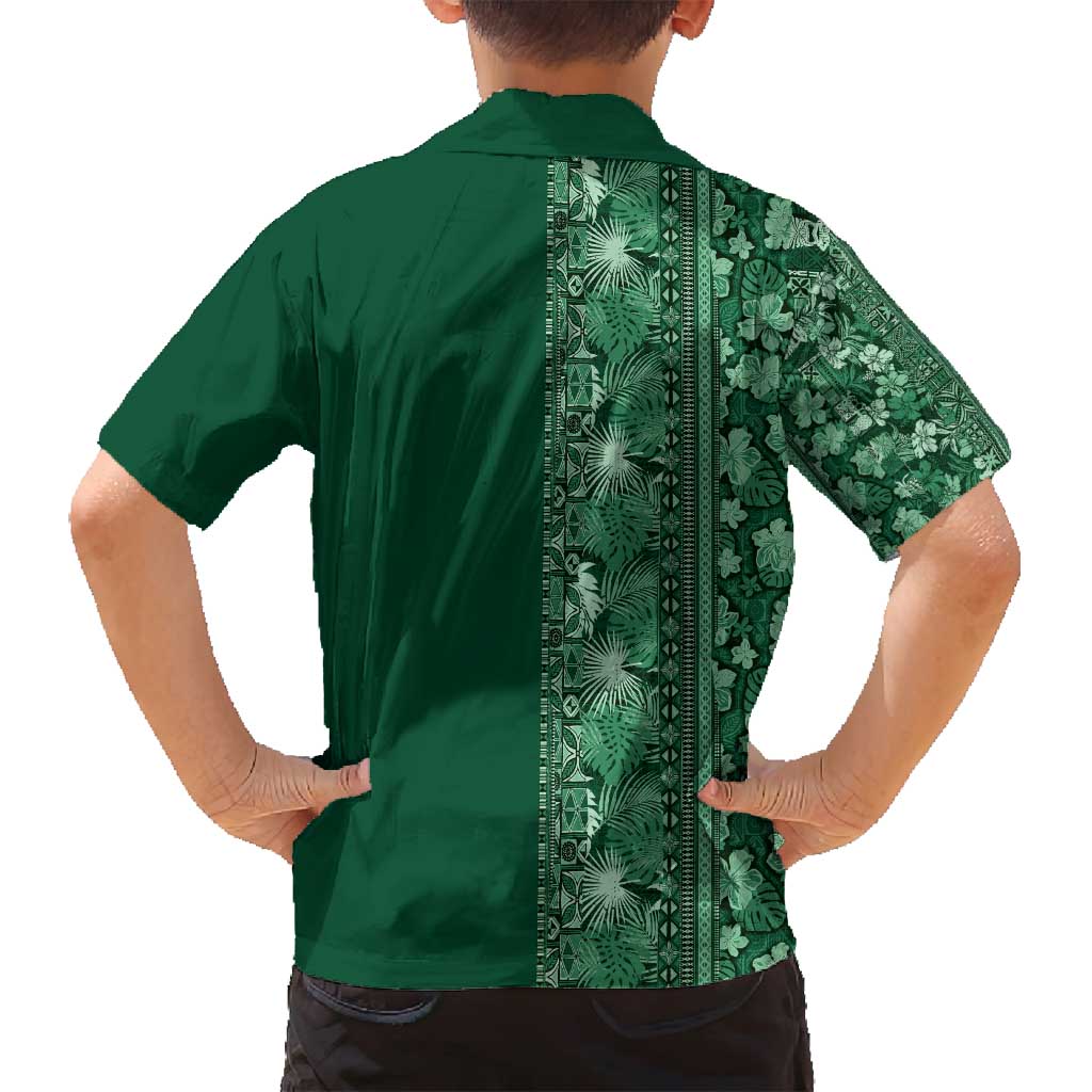 Hawaiian Tribal Elements Hibiscus Family Matching Off Shoulder Short Dress and Hawaiian Shirt Green Pattern - Polynesian Pride