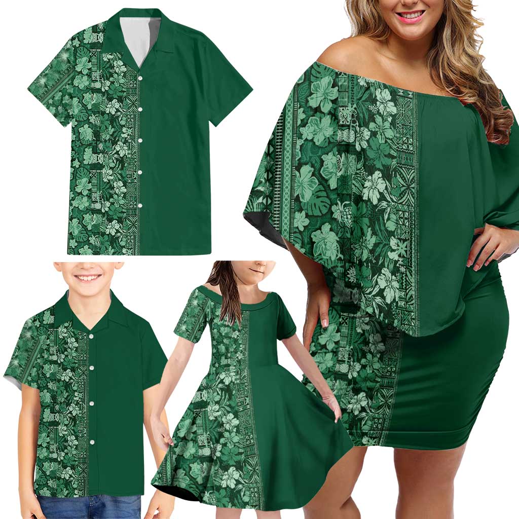 Hawaiian Tribal Elements Hibiscus Family Matching Off Shoulder Short Dress and Hawaiian Shirt Green Pattern - Polynesian Pride