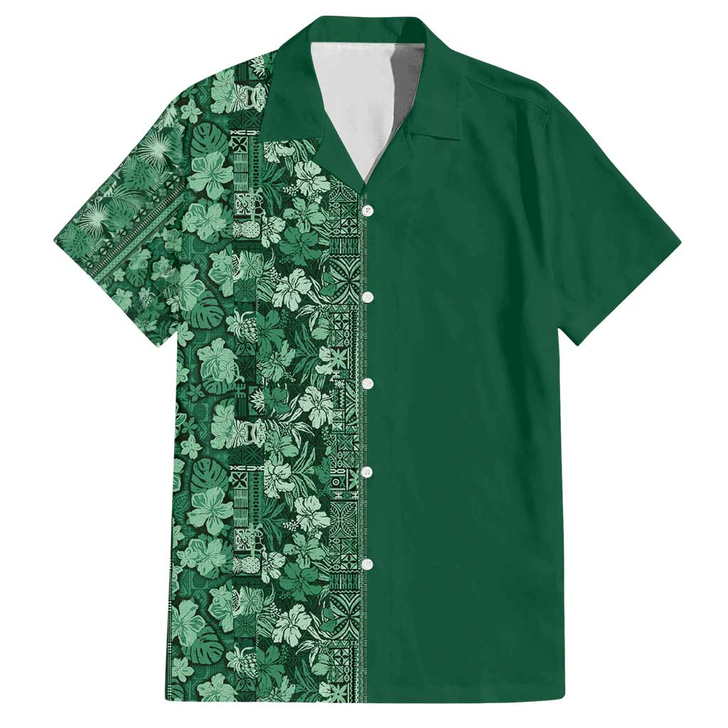 Hawaiian Tribal Elements Hibiscus Family Matching Off Shoulder Short Dress and Hawaiian Shirt Green Pattern - Polynesian Pride