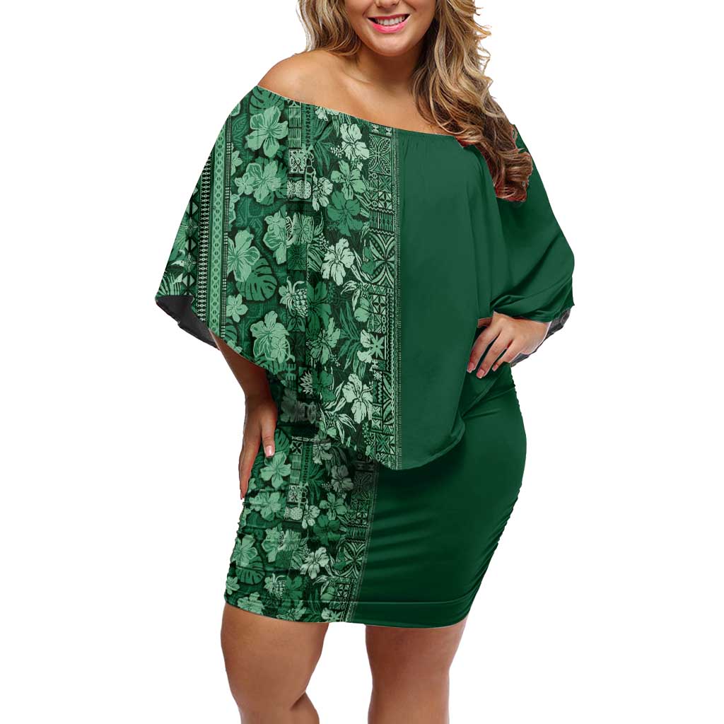 Hawaiian Tribal Elements Hibiscus Family Matching Off Shoulder Short Dress and Hawaiian Shirt Green Pattern - Polynesian Pride