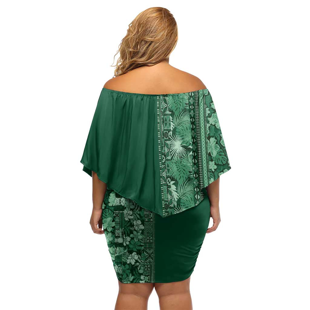 Hawaiian Tribal Elements Hibiscus Family Matching Off Shoulder Short Dress and Hawaiian Shirt Green Pattern - Polynesian Pride